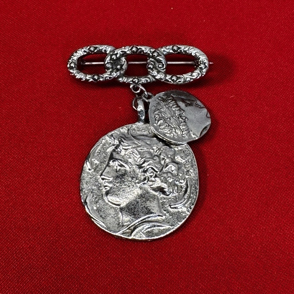 Vintage 70's SilverTone Alexander The Great Medallion Brooch